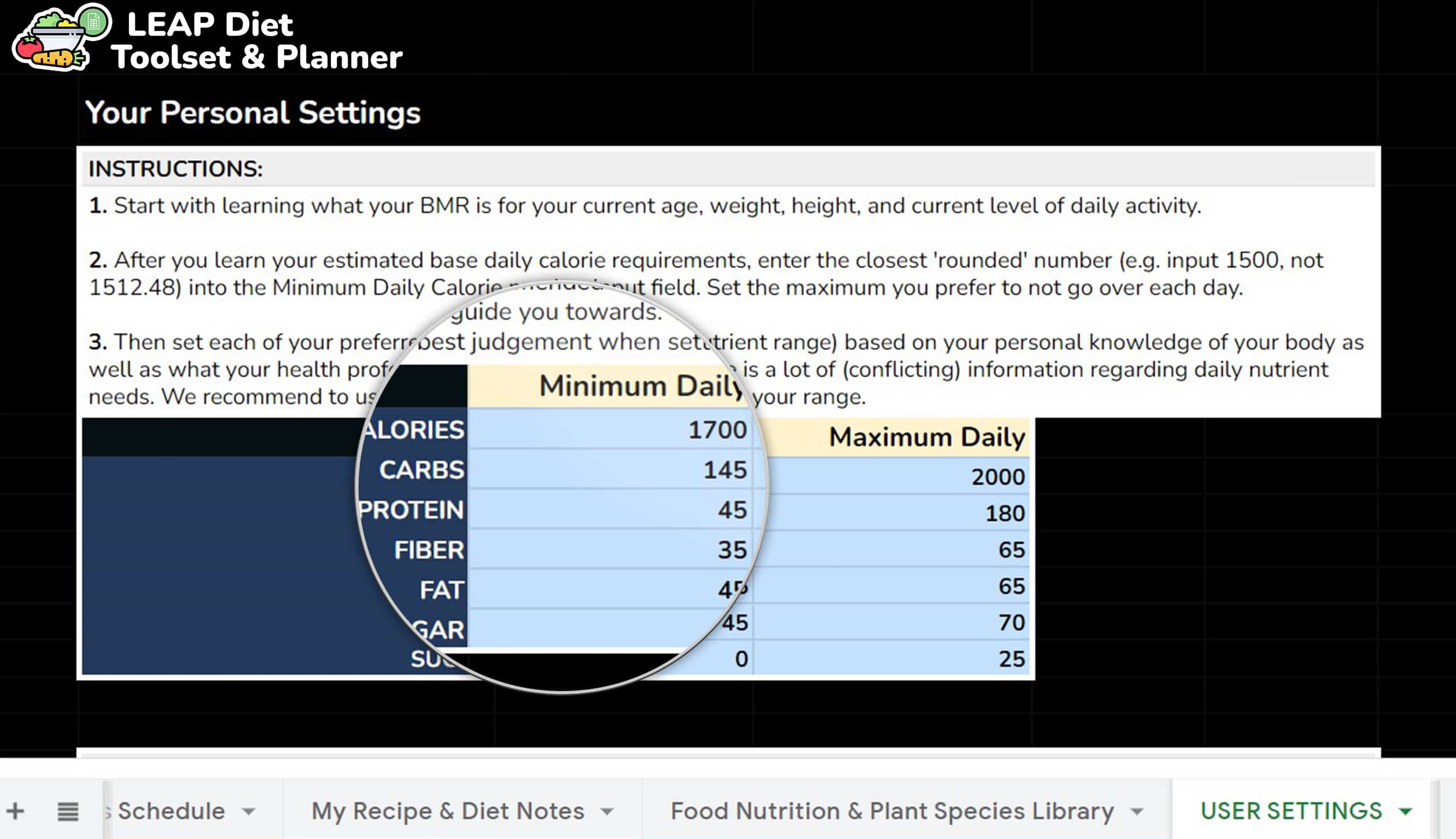 LEAP Diet App User Settings - Single Macro Setting